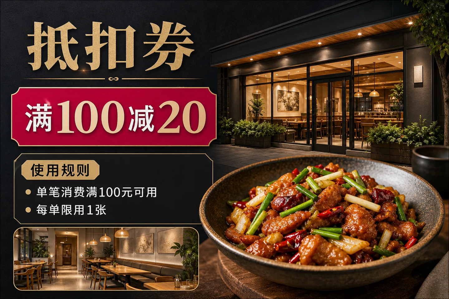 抵扣券示例,展示餐饮门店、特色菜品、服务环境和满减使用规则