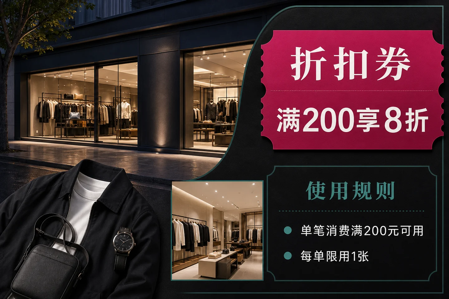 折扣券示例,展示服装门店、特色商品、购物环境和折扣使用规则