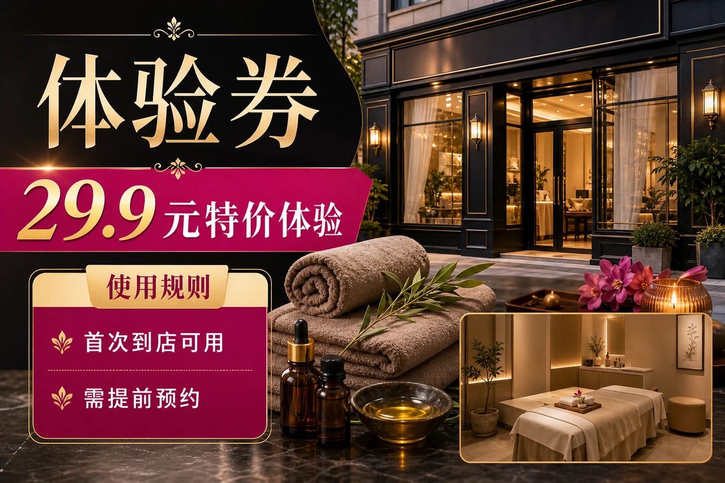 体验券示例,展示美容门店、特色服务、服务环境和预约使用规则