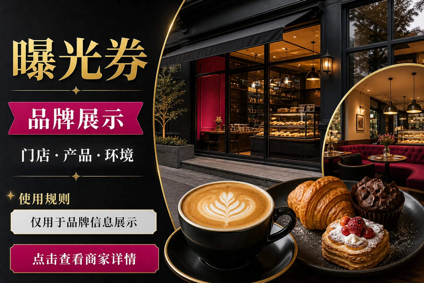 曝光券示例,展示咖啡门店、特色产品、服务环境和品牌展示说明