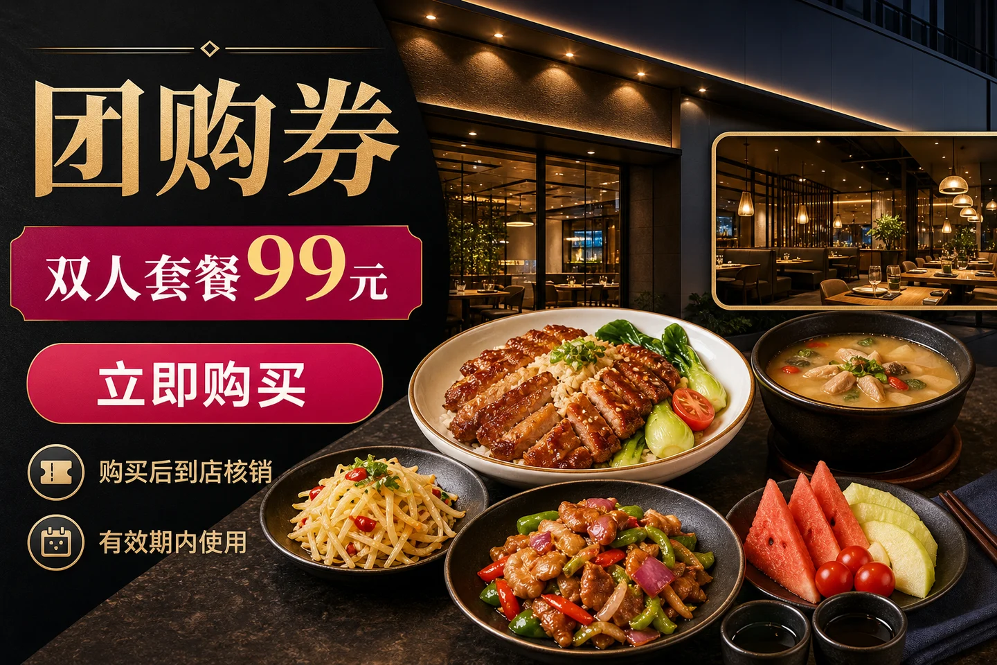 团购券示例,展示餐饮门店、双人套餐、用餐环境和购买核销规则