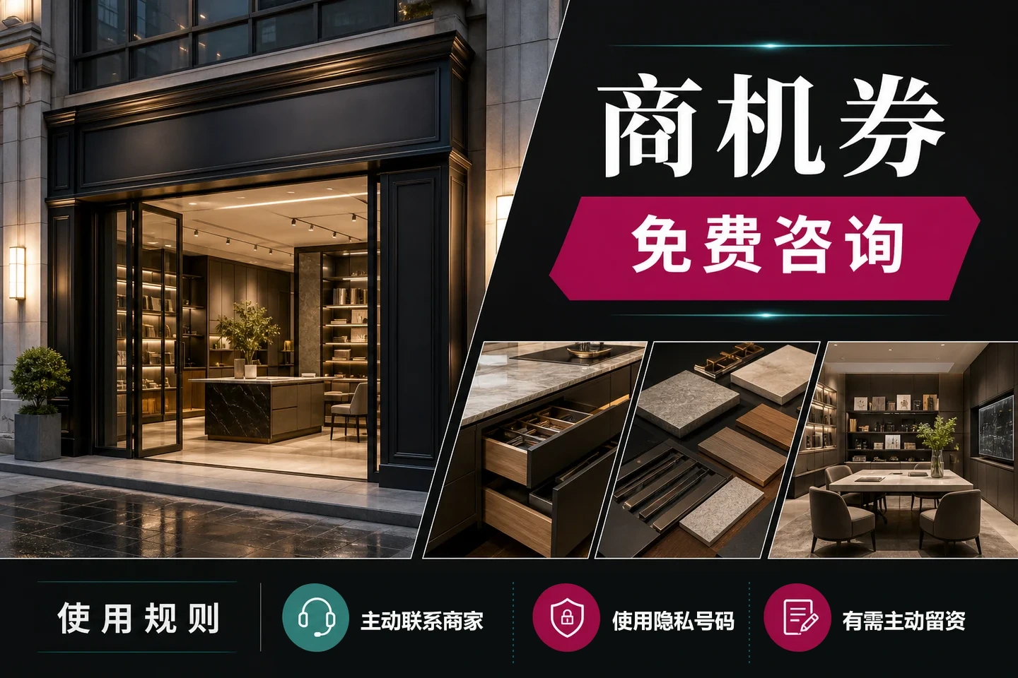 商机券示例,展示家装门店、设计服务、洽谈环境和主动联系、隐私号码、按需留资规则